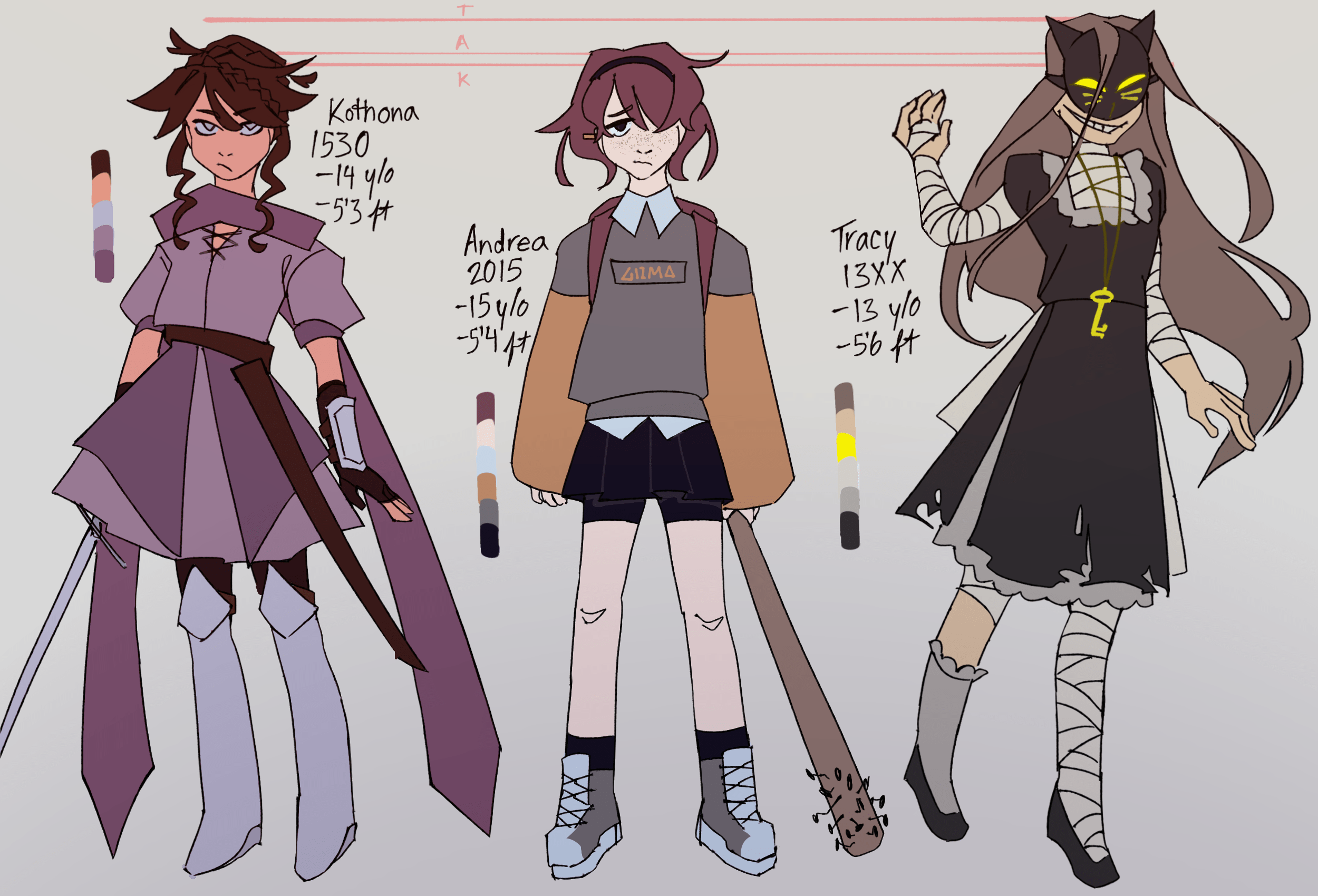 a character lineup of three girls- to the far left is a knightly girl in a pink dress, sword in hand. the other girl is wearing modern clothing (a printed sweater vest and shorts) and a tired look. she's gripping a baseball bat with nails driven into it. to the far right is a mischevious-looking girl in a black dress and black cat mask. all of her exposed skin is wrapped in bandages.