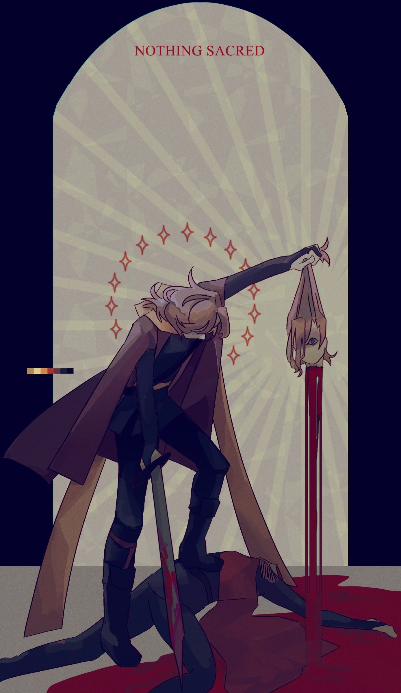 a drawing of an orange-haired man in a magenta cloak, stepping atop his own dead body, sword in one hand, and the other holding up the body's severed head. there's a stream of blood coming from it, and pooling onto the floor.