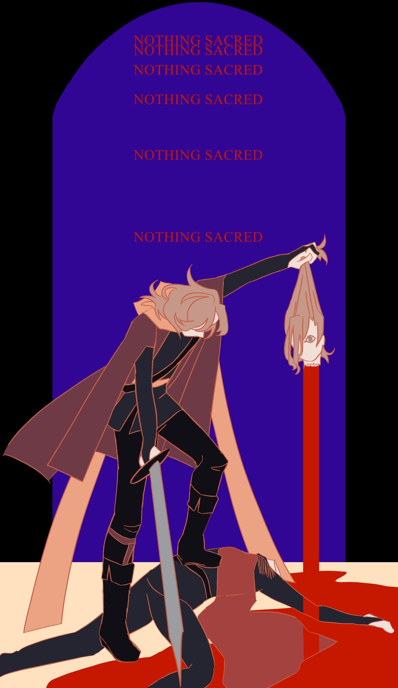 same subject matter as the image above, except now the drawing is in an eye-straining color palette. the background's colors have also been replaced with bright primary colors.