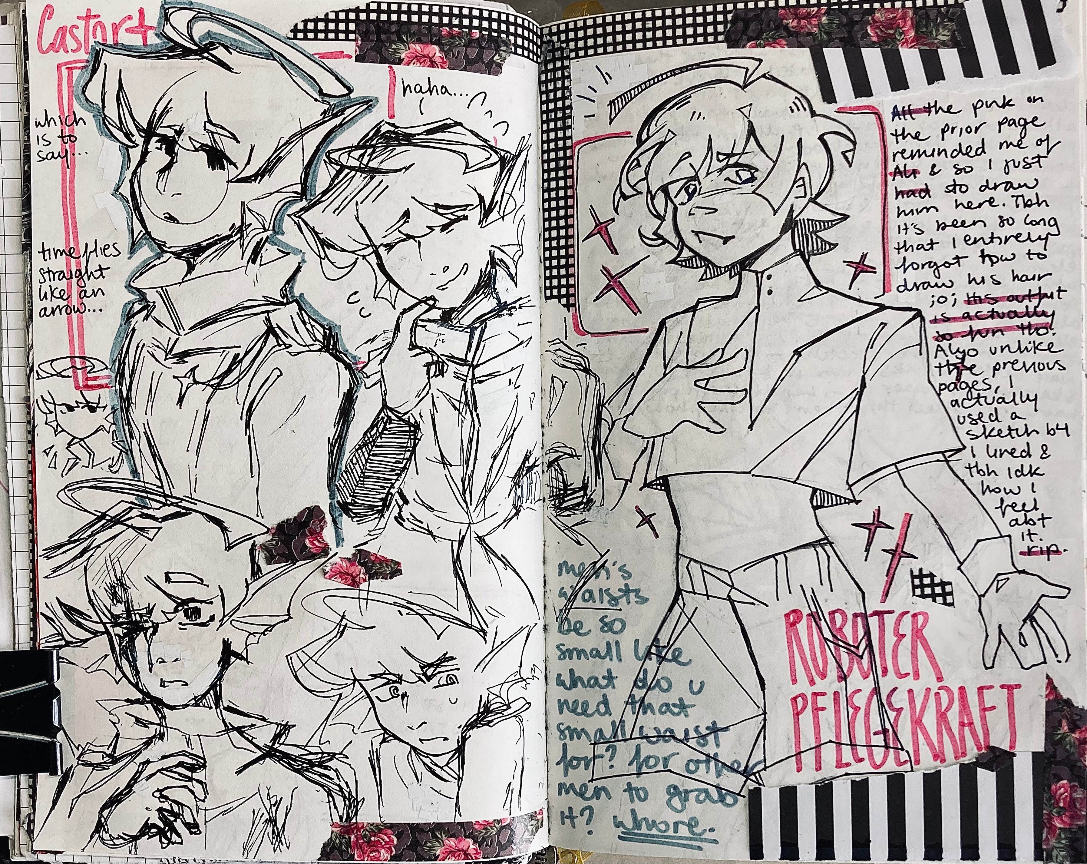 it's a man with long brown hair down to his shoulders and pitch black eyes. he's wearing a navy blue uniform and weilding a bident. there's three drawings of him on the page, each in a different pose.