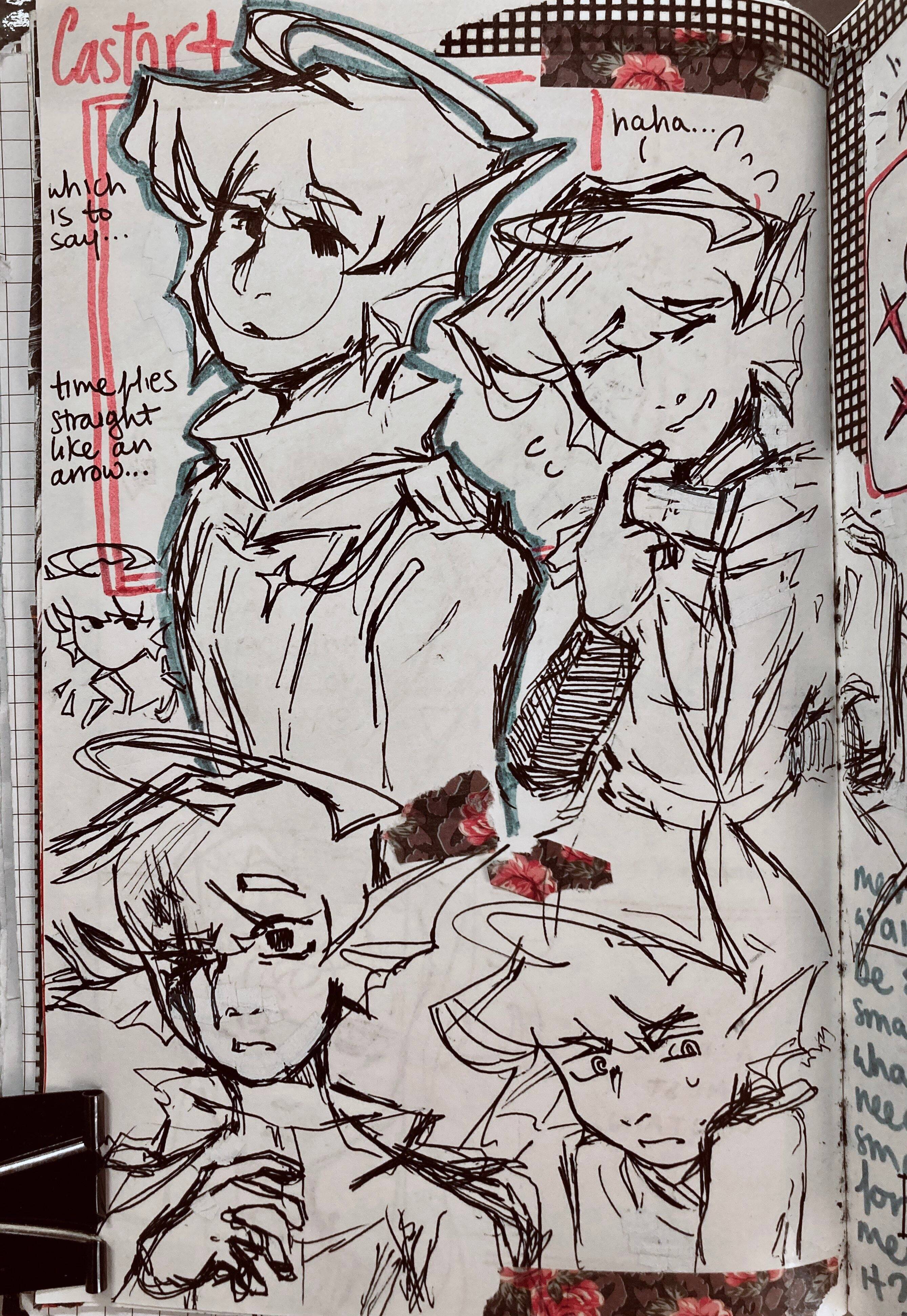 an assortment of pen drawings of enzo, mostly bust-shots. the page is decorated with black and pink rose-themed washi tapes.