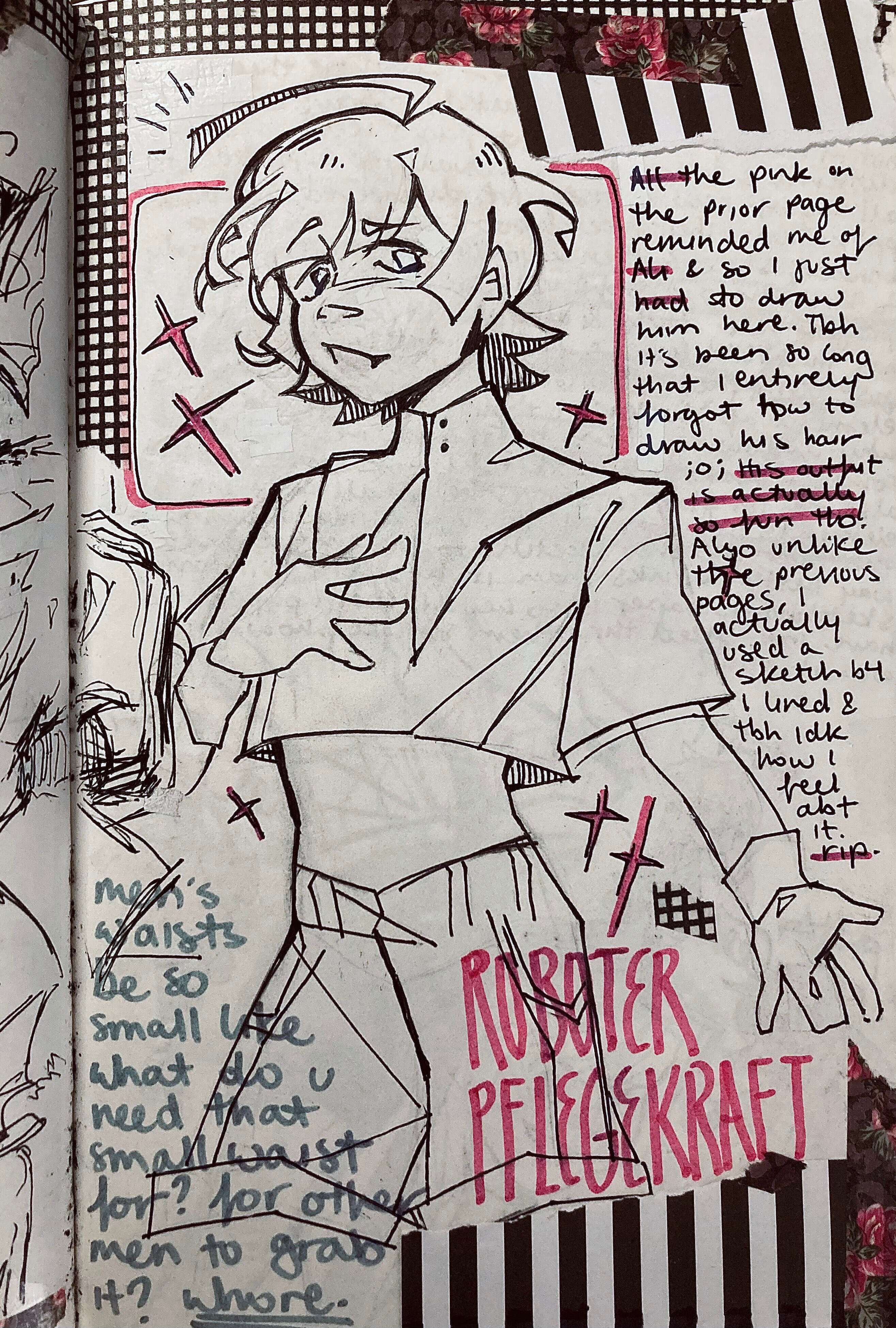 a black and white pen drawing of a man with messy hair, dressed in a cropped vest shirt and shorts. he's in an arrogant-looking pose with his hand placed daintily on his chest, and is wearing a smug grin. the page is decorated with patterned black and pink washi tapes.