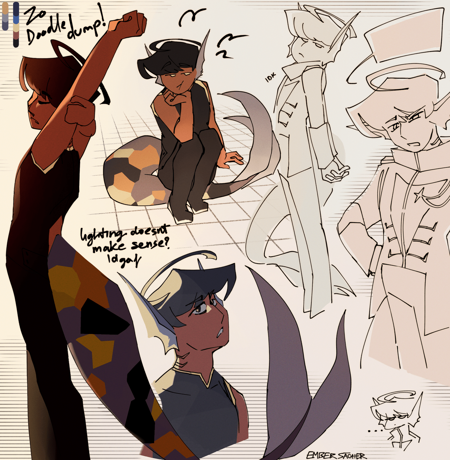 a bunch of illustrations scattered on one page. it's of varying fullbody poses done of a brown-skinned man with black hair, with bangs to his eyes. he's wearing slick, all black long-sleeved clothes.