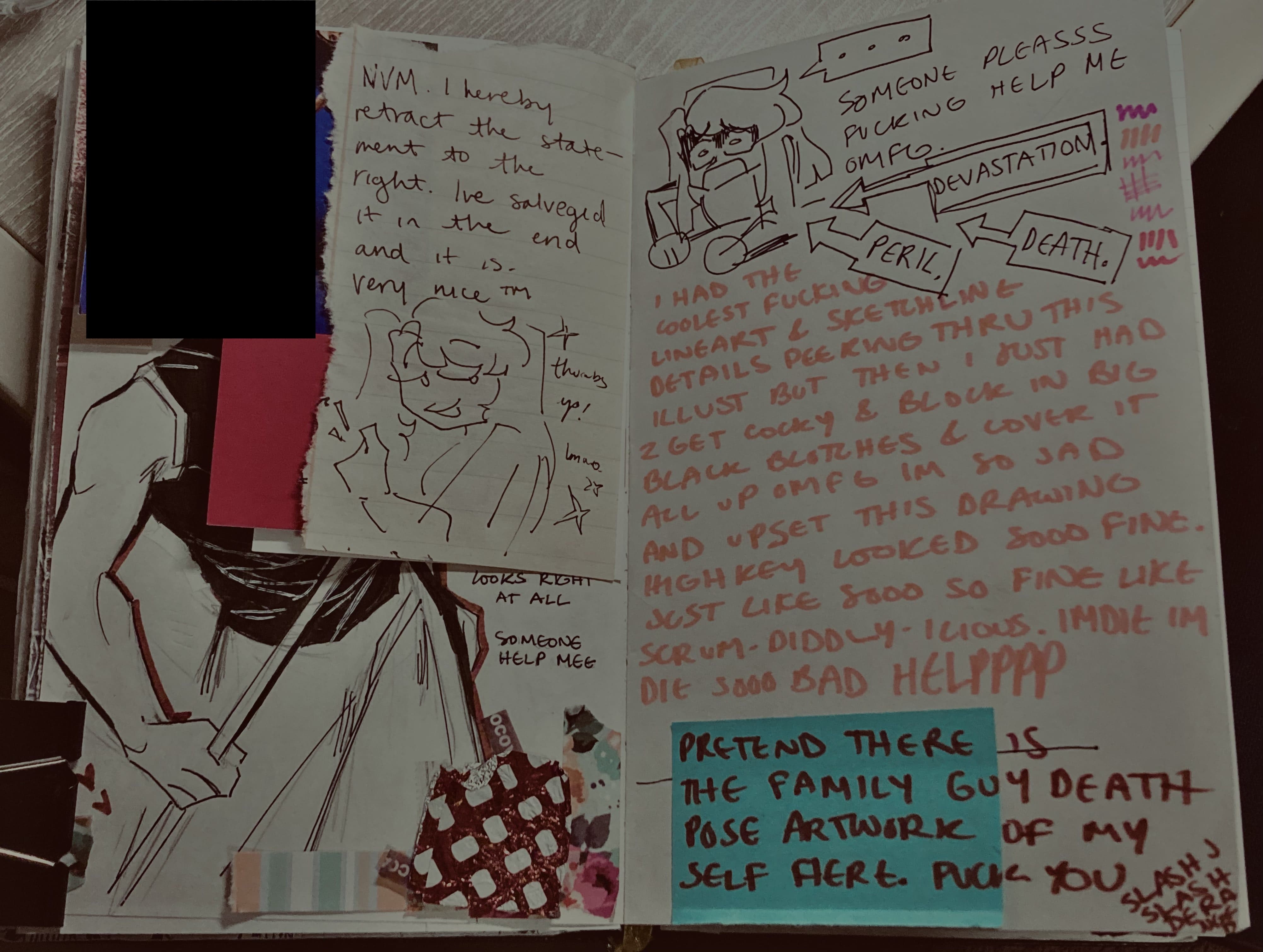sketchy pen doodles of a devastated girl, accompanied by paragraphs of rambly text LOL
