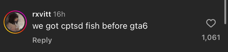 instagram comment, captioned: 'we got cptsd fish before gta6'