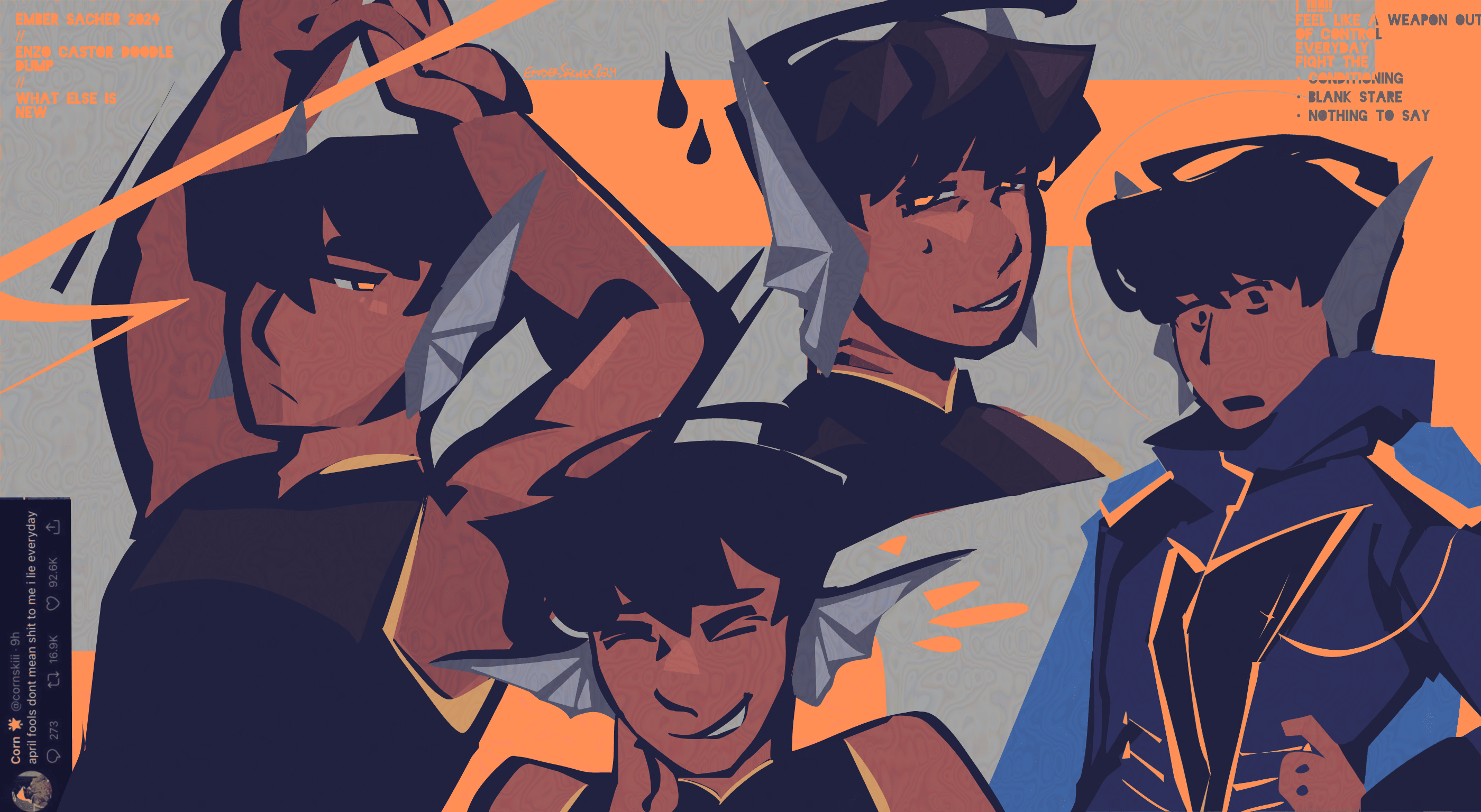 various lineless digital portraits of enzo, drawn very messily. he's wearing a sleeveless turtleneck in all portraits, colored with navy blue darks and bright orange highlights.