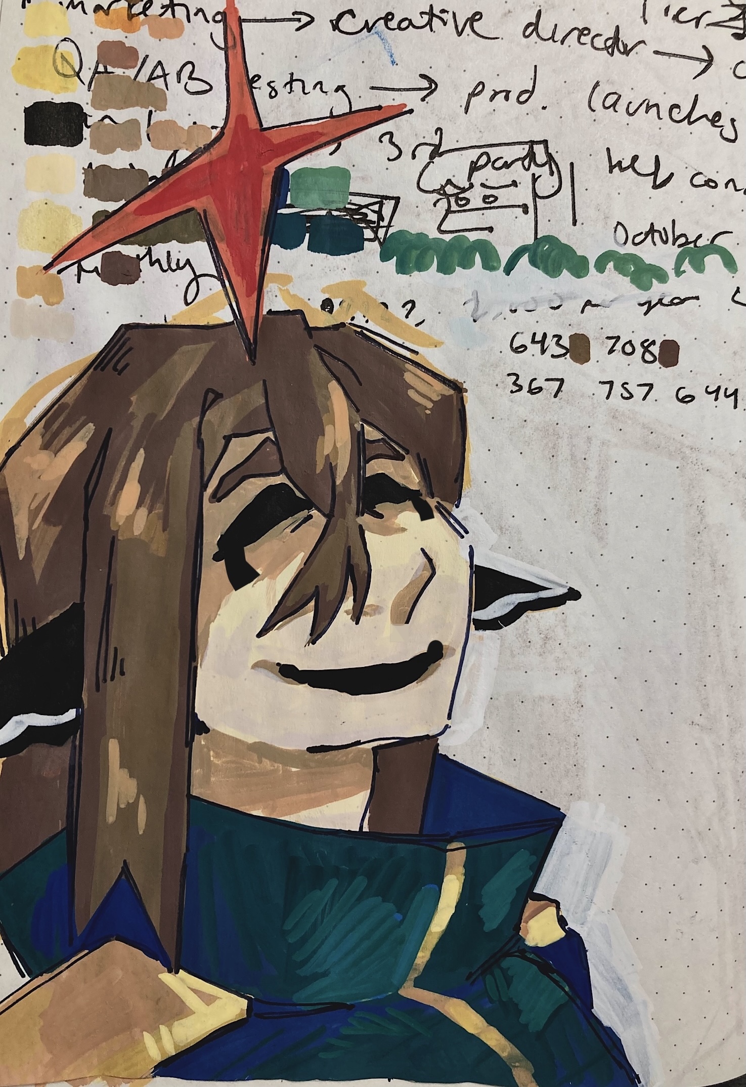 a simple marker drawing of archer drawn on top of illegible pen notes. his smile is crooked and strained as if hiding disdain.