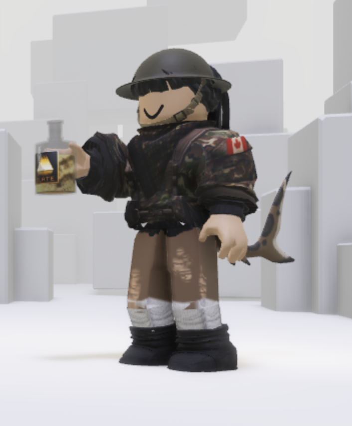 roblox screenshot of my avatar in the creator menu. she's got her hand outstretched and is holding a health bottle.