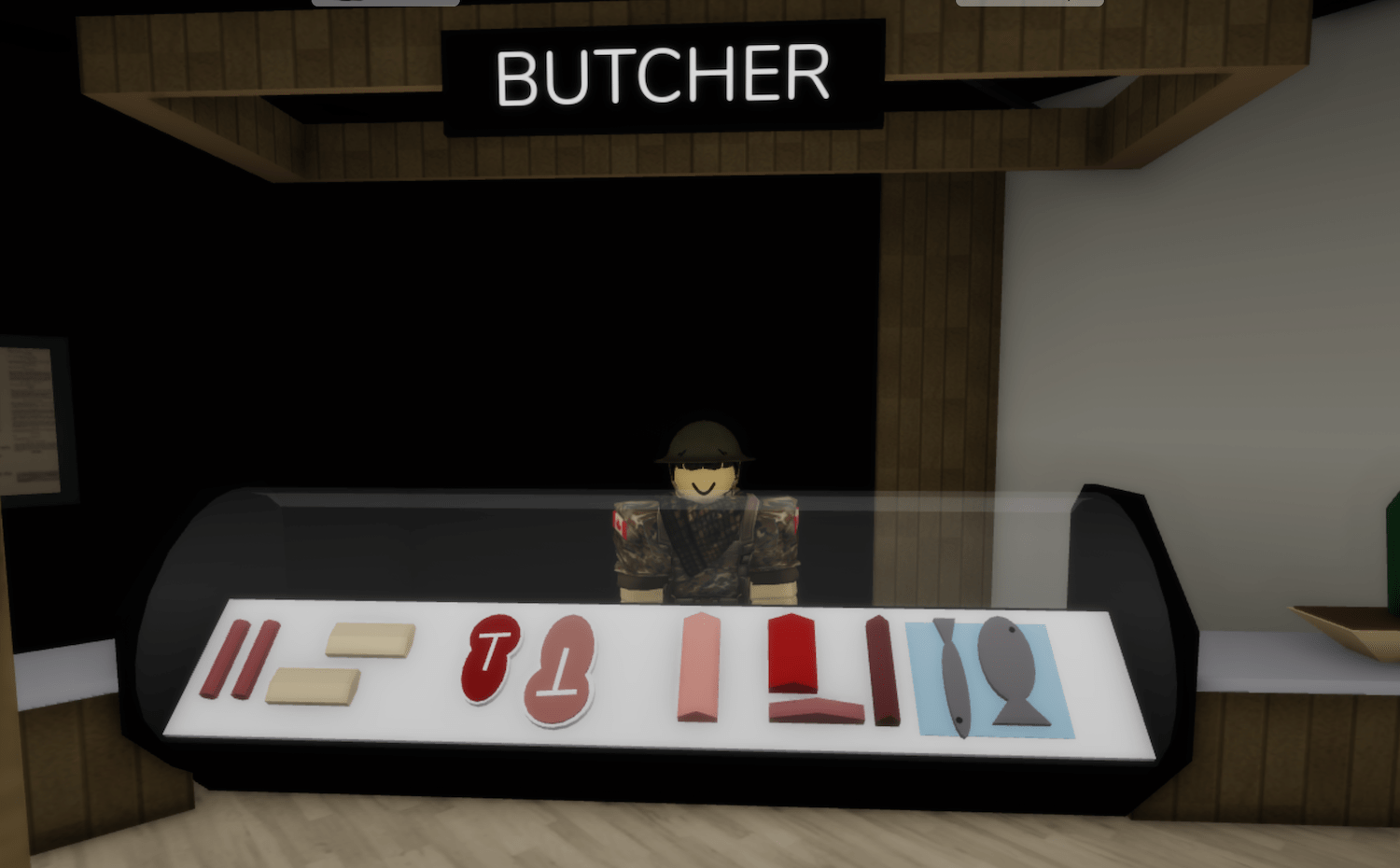 roblox screenshot, my avatar is behind a butcher's stand at a shop.