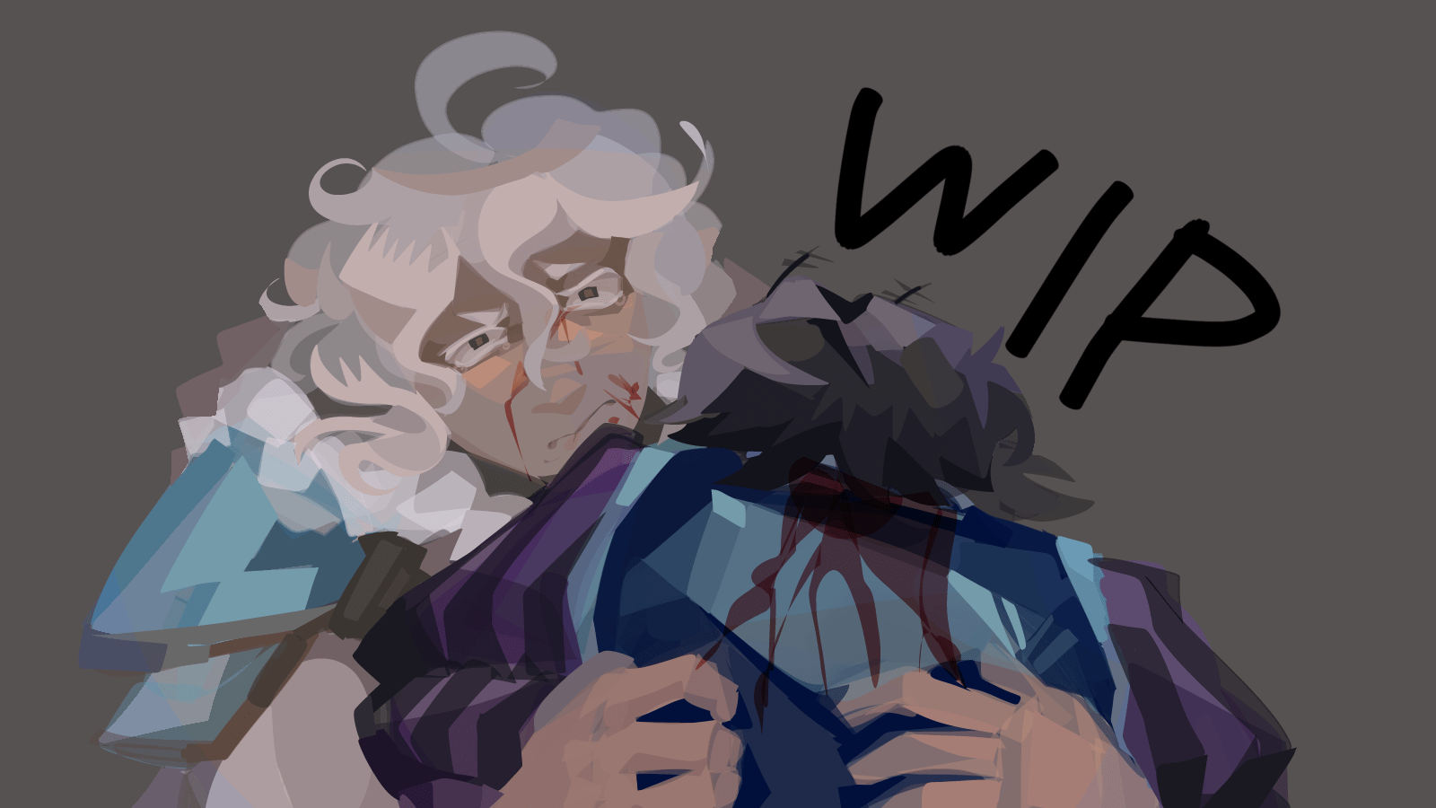 an unfinished version of the same drawing as above. there is no background, saps' face is less detailed, and his hair and armor are rendered more simply.