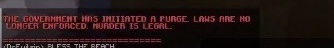 minecraft chat message bolded in all red: 'THE GOVERNMENT HAS INITIATED A PURGE. LAWS ARE NO LONGER ENFORCED. MURDER IS LEGAL'