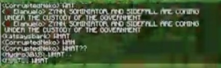 minecraft chat message - '<Elanuelo> ZYNN, SOMINIRATOR, AND SIDEFALL ARE COMING UNDER THE CUSTODY OF THE GOVERNMENT'