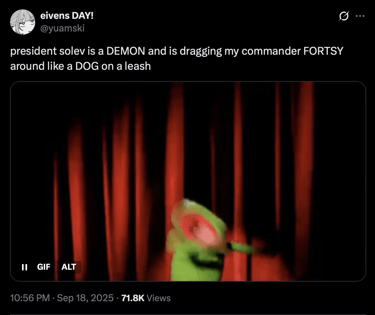 twitter post from user yuamski, screenname eivens, reading: 'president solev is a DEMON and is dragging my commander FORTSY around like a DOG on a leash'