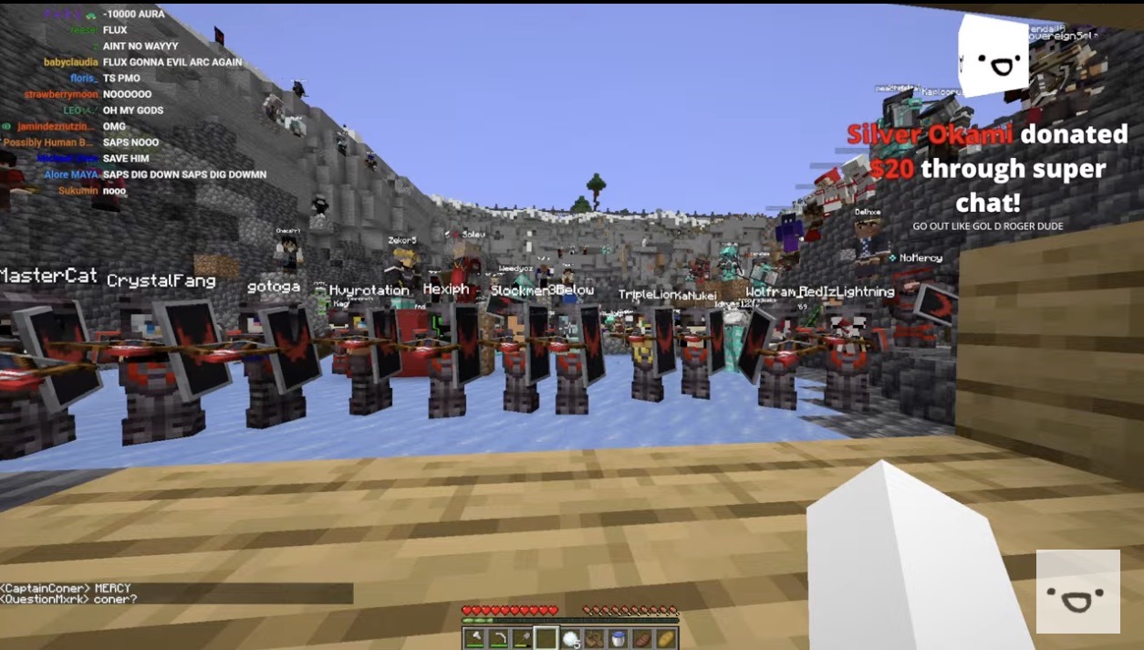 minecraft screenshot - saparata is boxed in with wood blocks while a squad of all-netherite players stand in a line aiming crossbows at him