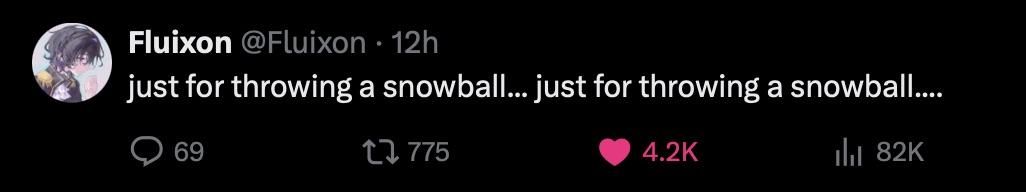 twitter post from fluixon saying: 'just for throwing a snowball... just for throwing a snowball...'