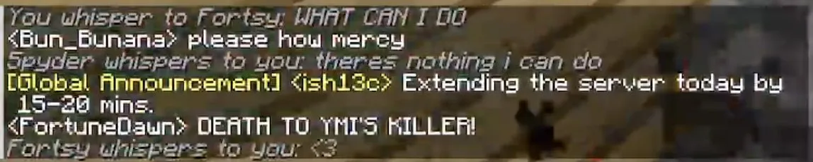 minecraft chat - fortsy's final whisper message to foolish, reading '<3'