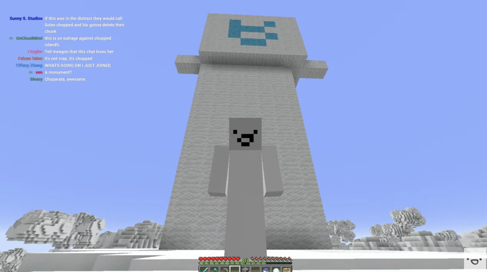 minecraft screenshot - saparata stands in front of a wool statue of himself with stubby arms