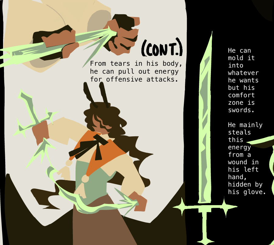 digital artwork of maël pulling out a beam of lime-green light from a slit in his hand and shaping it into the more solid form of a sword.