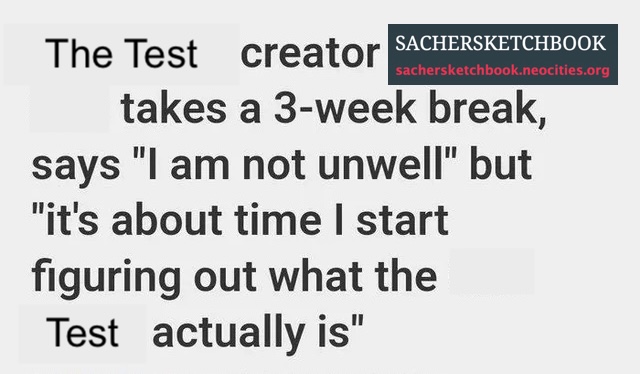 The Test creator SACHERSKETCHBOOK at sachersketchbook.neocities.org takes a 3-week break, says 'I am not unwell but it's about time I start figuring out what the Test actually is'