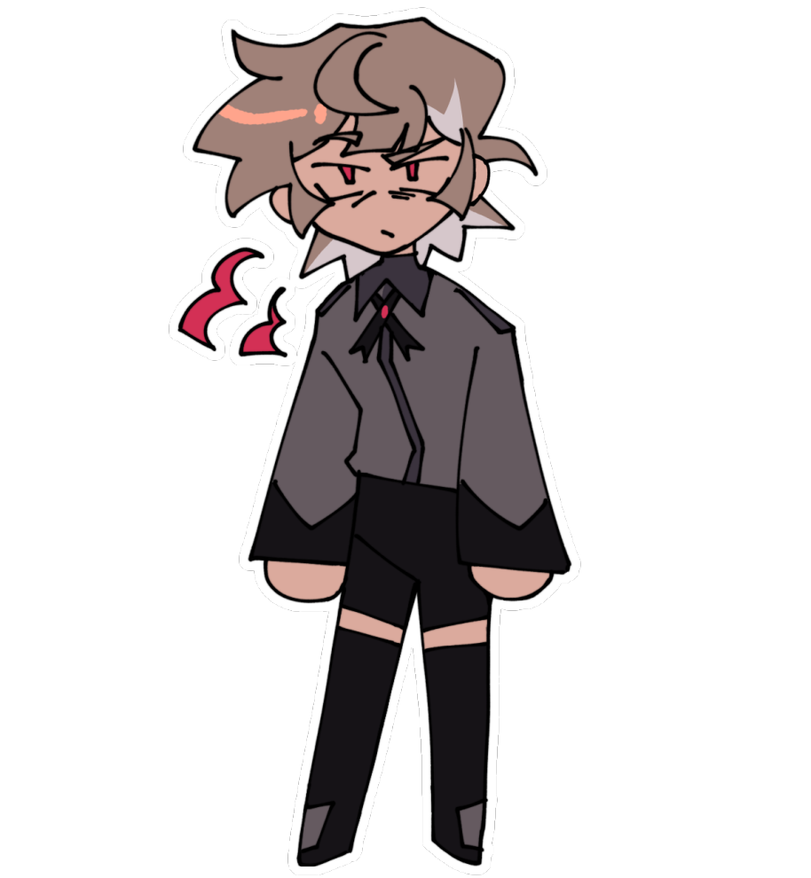 chibi flat-color of a boy in gray and black semi-formal attire. half his scruffy brown hair is dyed gray. his red eyes are downturned and he wears a scowl.