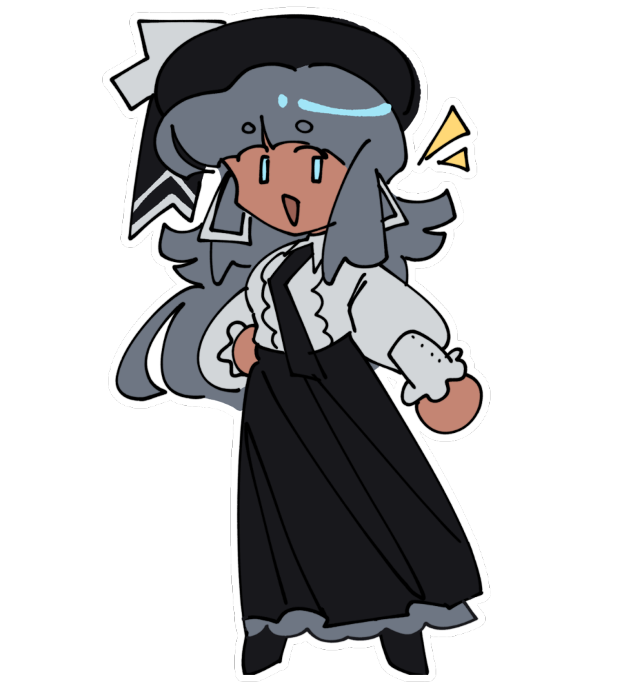 chibi flat-color of a preppy blue-haired girl in semi-formal attire, and wearing a big black hat.
