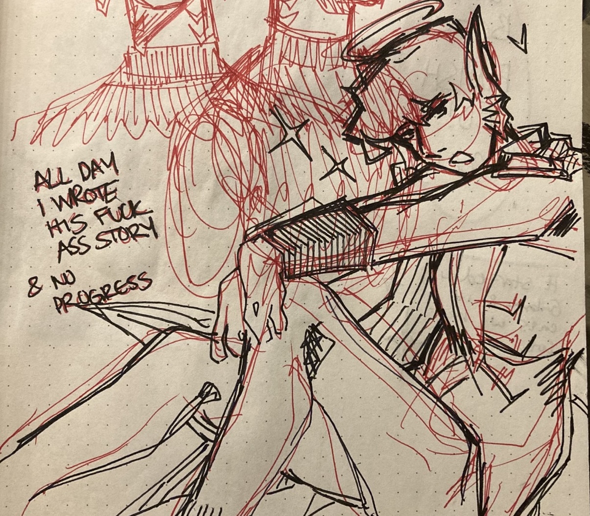 pen doodle of enzo in a fun pose. he smiles playfully, sitting while resting his hands on his knees. the drawing is captioned, 'all day i write his fuck ass story and no progress.'