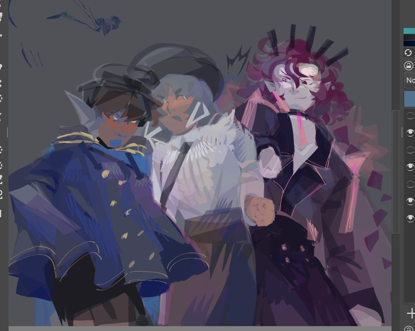 screenshot of a digital drawing platform. on the canvas is a sketchy lineless artwork of enzo, giomi, and otis bumping into each other.