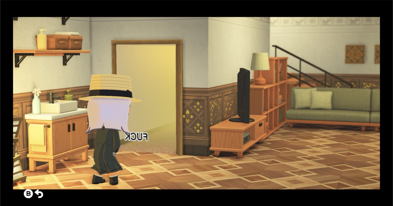 screenshot of tomodachi life: living the dream. an in-game avatar of giomi stares wide-eyed witnessing a text png, 'FUCK', trot out of her bathroom door and walk past her.