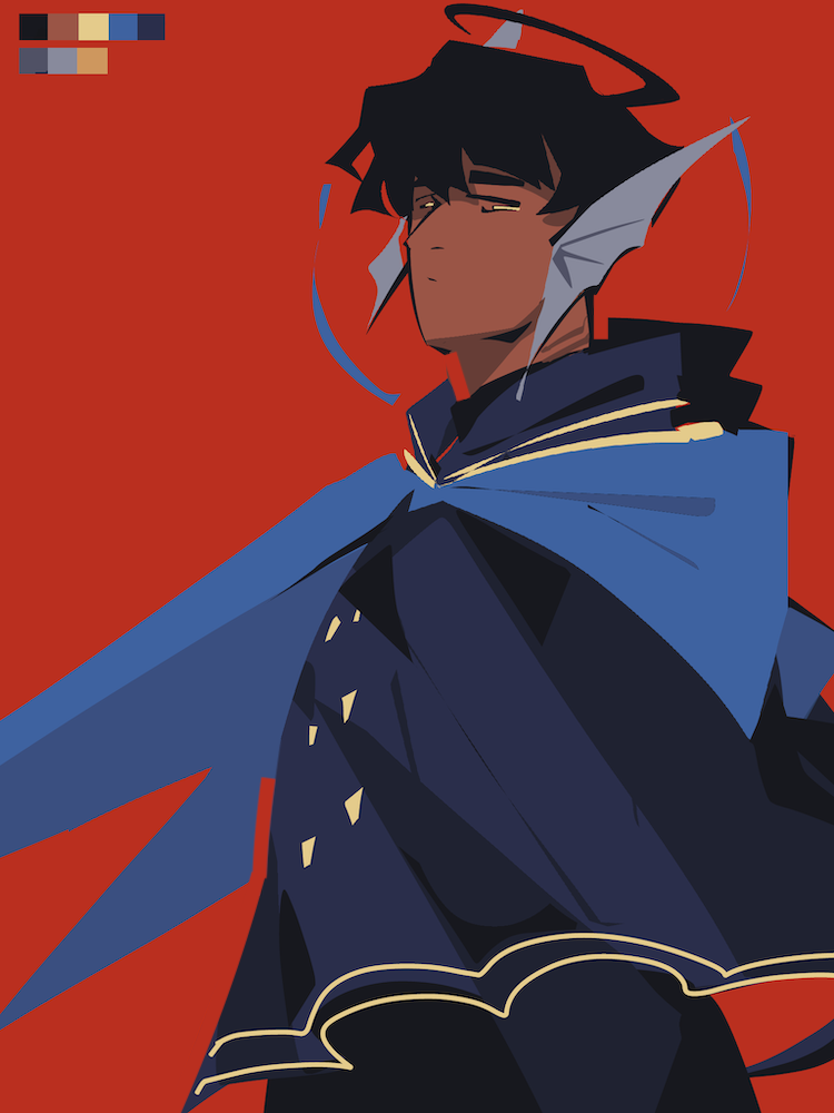 a brightly-colored lineless digital artwork of enzo. he stands in a red haze staring blankly at the viewer.