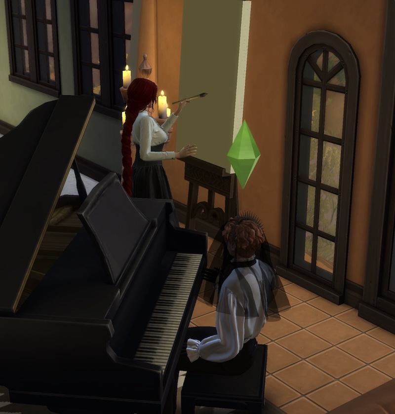 sims screenshot. marcene's avatar paints on an easel while looking back at callisto who's playing the piano.